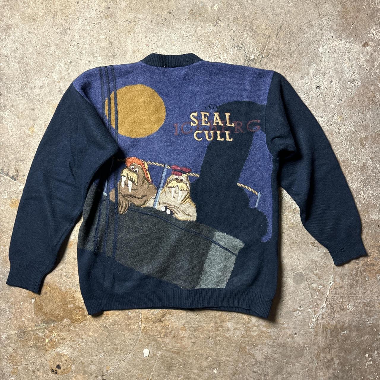 Navy blue vintage Iceberg cardigan with embroidered seal patch