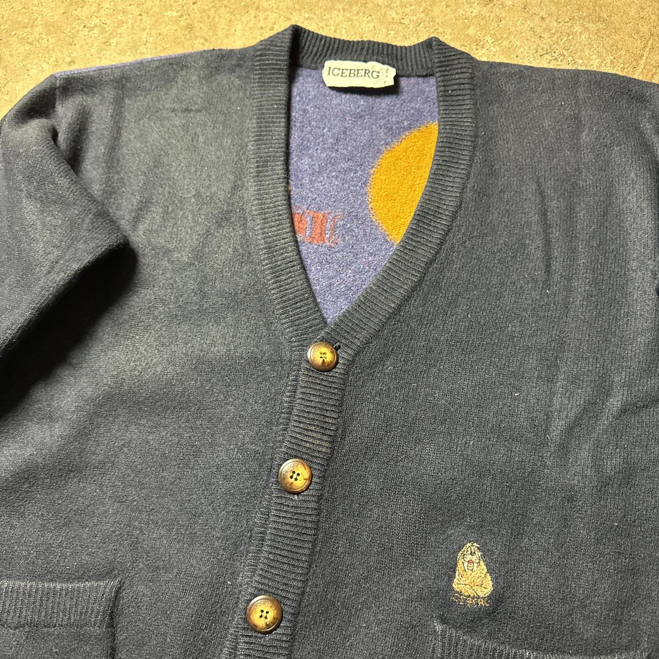 Navy blue vintage Iceberg cardigan with embroidered seal patch