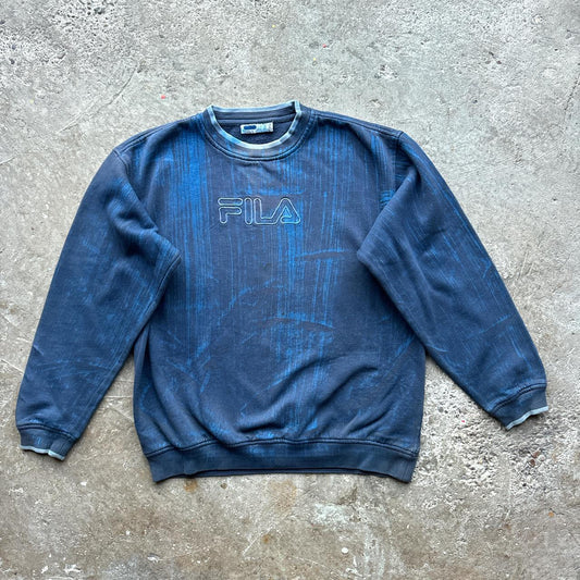 Navy Fila sweatshirt with embroidered logo and custom paint job