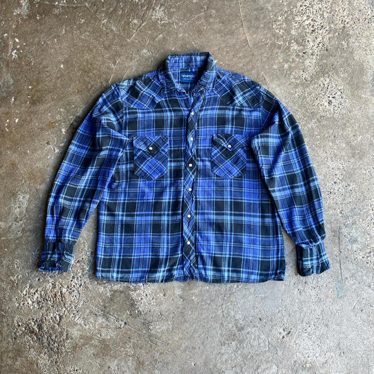 Blue & Black Plaid Flannel Wrangler Shirt - M