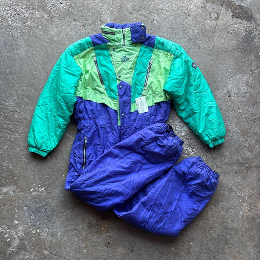 90s vintage Swiss Sport ski suit in blue and green