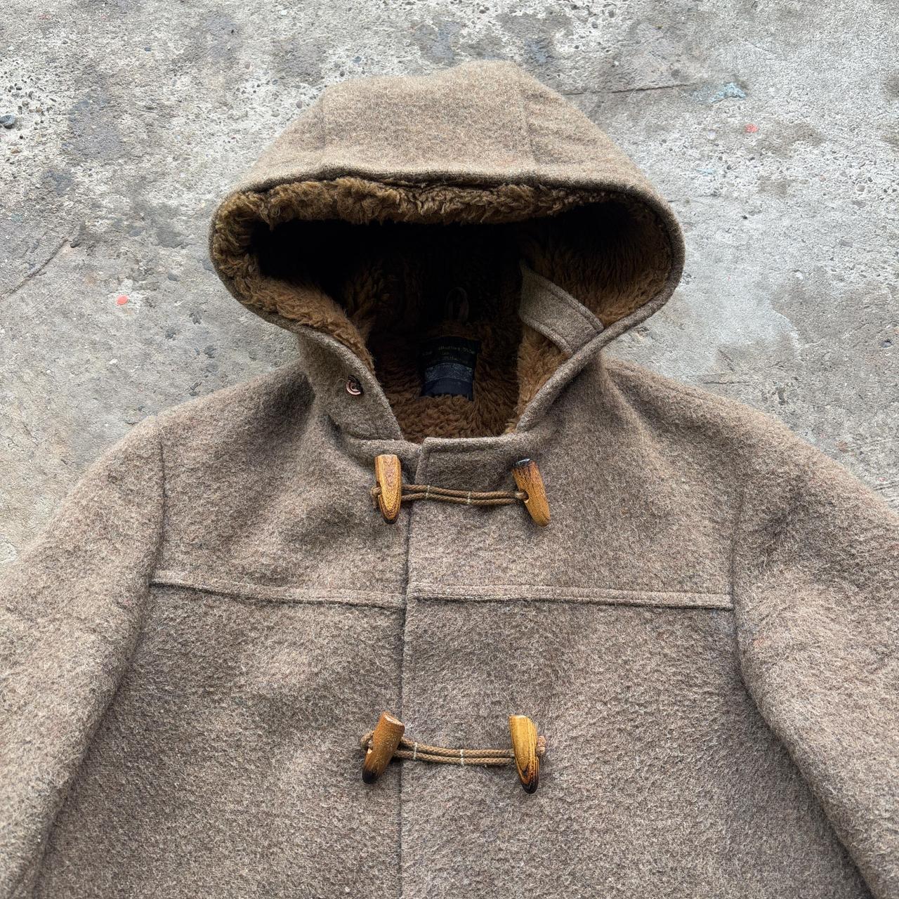 70s Tan and brown wool duffle coat with hood