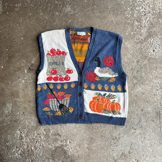 Blue & White Cotton Patterned Vest Jumper - XL