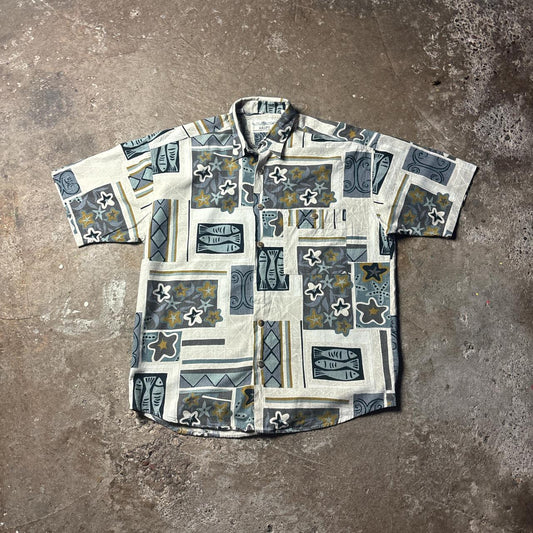 Vintage Cream Patterned Short Sleeve Shirt - L