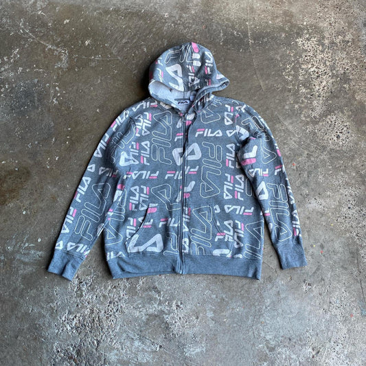 Grey & Pink Fila Graphic Print Full Zip Hoodie - XL (women’s)