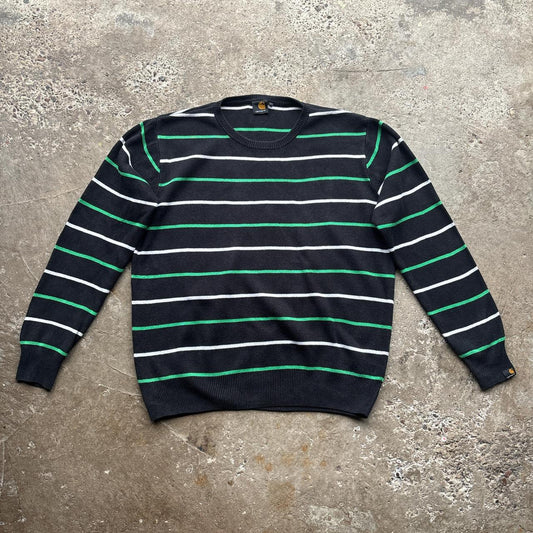00s Black, green and white Carhartt striped knitted jumper - L