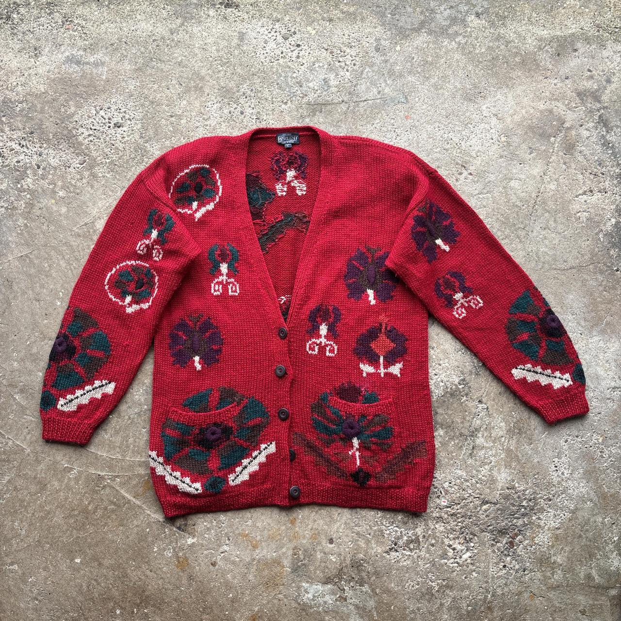 Vintage Red Land’s End knitted cardigan with flower pattern