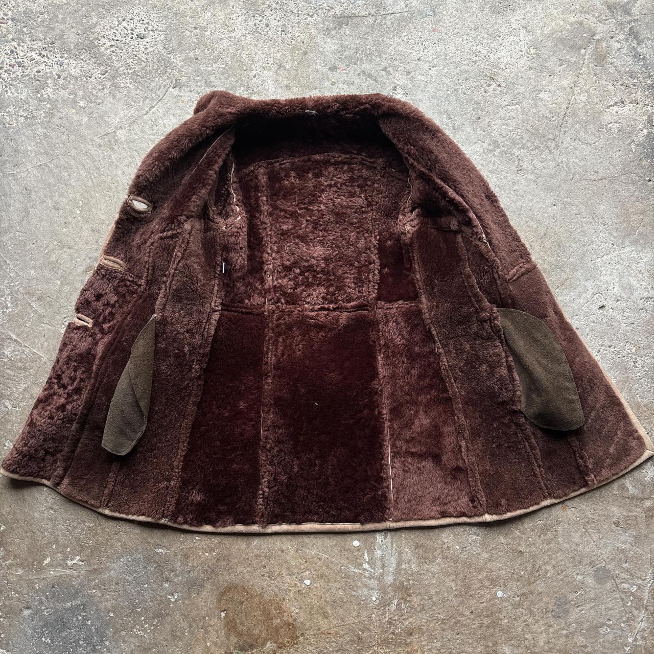 Tan suede sheep skin coat with brown Sherpa collar and  lining