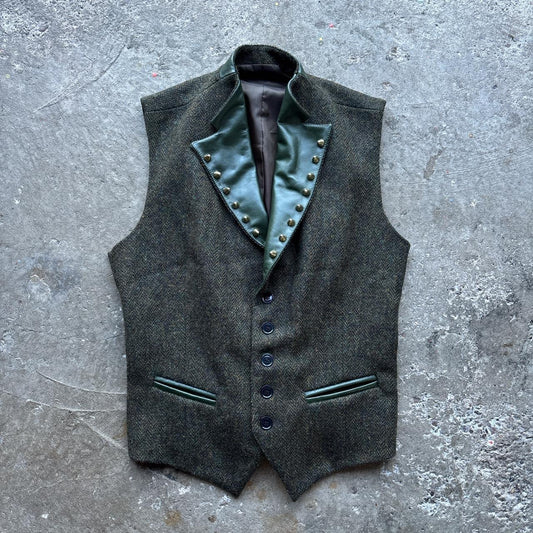 Tweed wool waistcoat with studded leather collar
