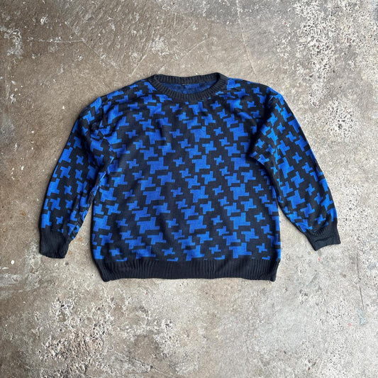 Black & Blue Patterned Design Knitted Jumper - M