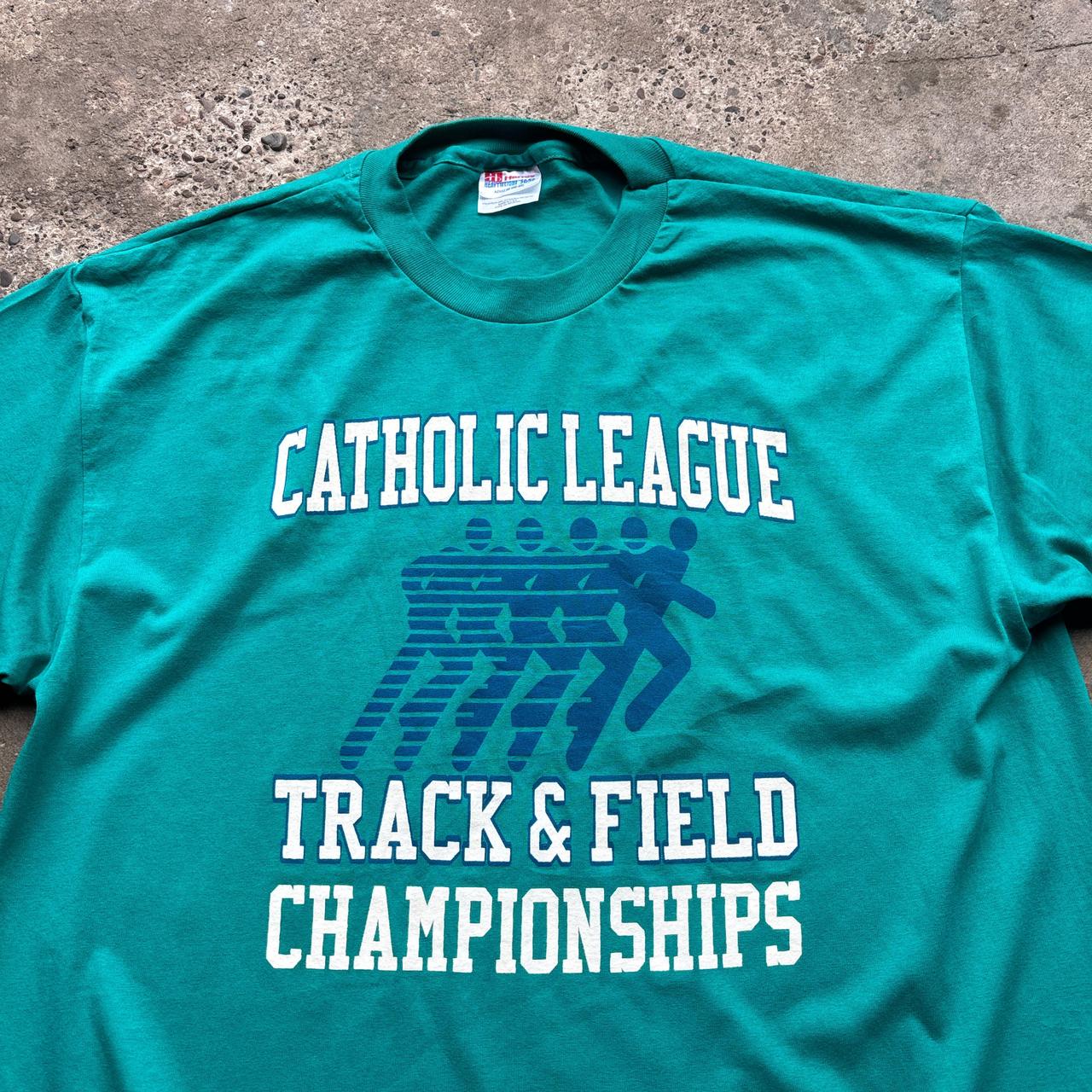 Teal Single-Stitch Graphic tee with ‘catholic track & field’ print - XL