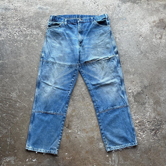 Distressed Blue Denim Dickies Double Knee Jeans