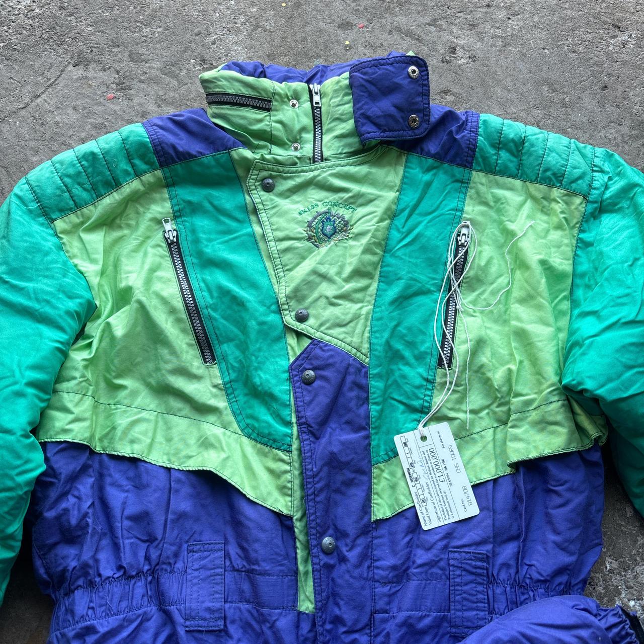 90s vintage Swiss Sport ski suit in blue and green