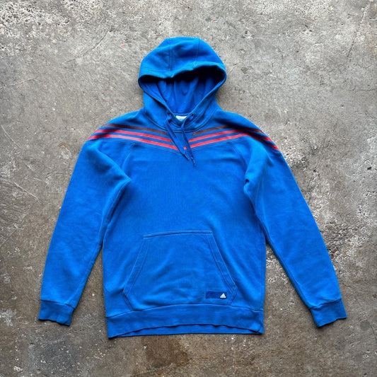 Blue Adidas hoody with printed stripes and logo