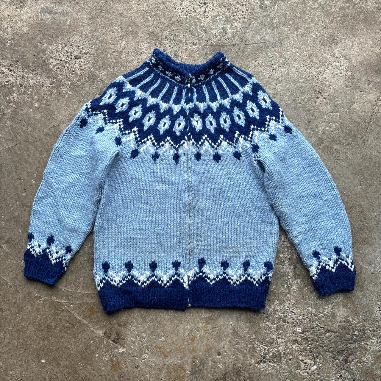 Blue and white vintage Nordic zip-up sweater