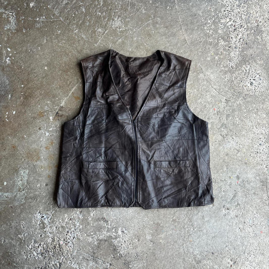 Vintage Brown Leather Vest Jacket - L