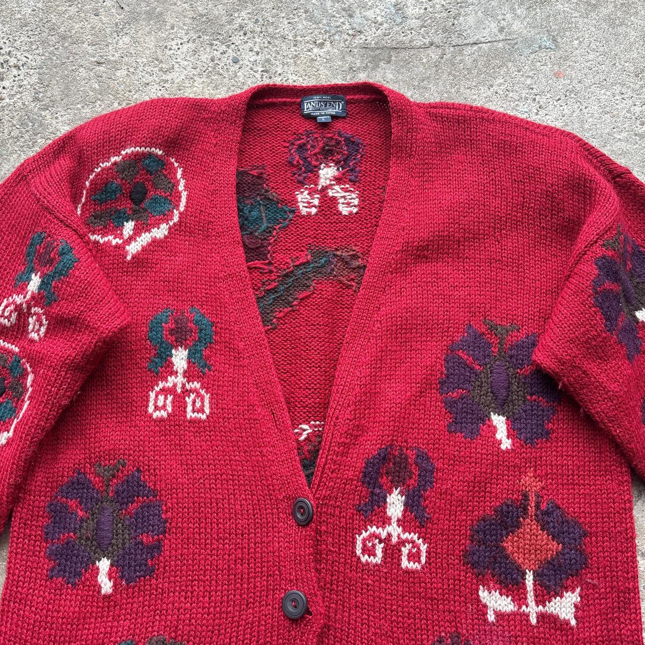 Vintage Red Land’s End knitted cardigan with flower pattern