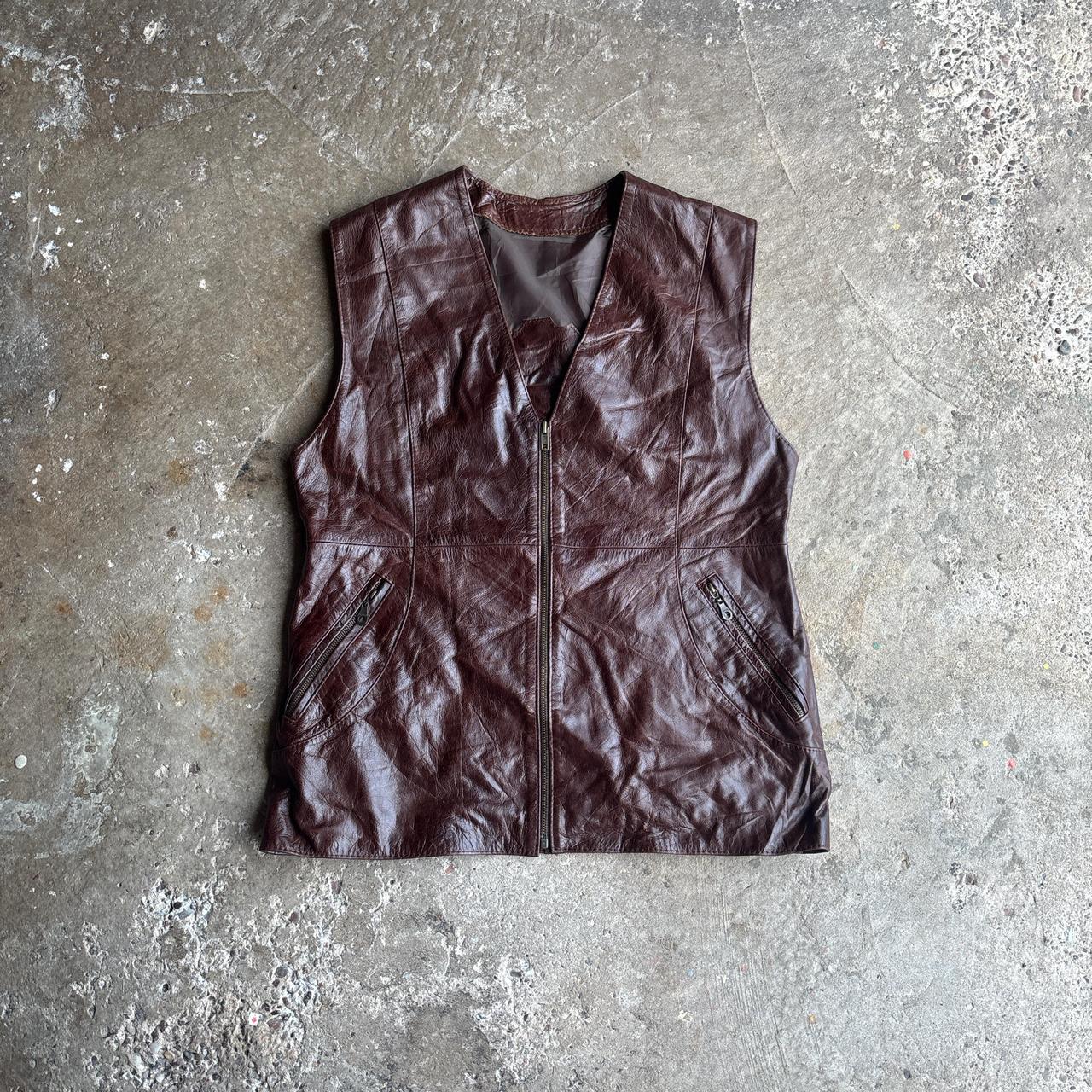 Vintage Brown Leather Vest w’ Zipper - M