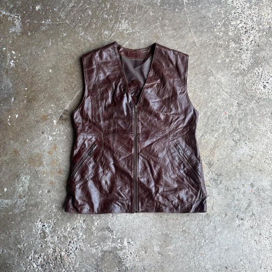 Vintage Brown Leather Vest w’ Zipper - M