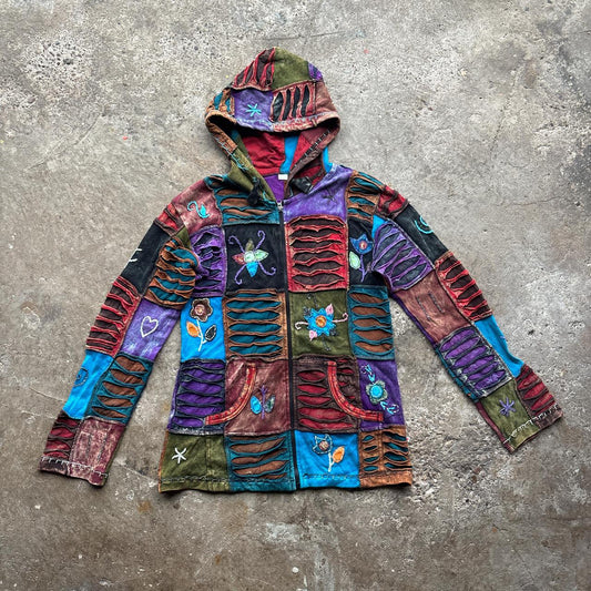 Women's Stonewashed Embroidered Nepalese Hand Made Pixie Cotton Hooded Jacket