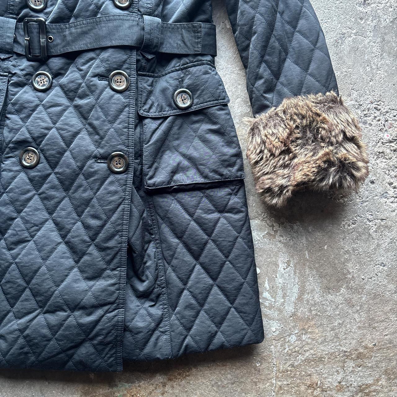 Black quilted Kesta trench coat with faux fur trim - Size 14