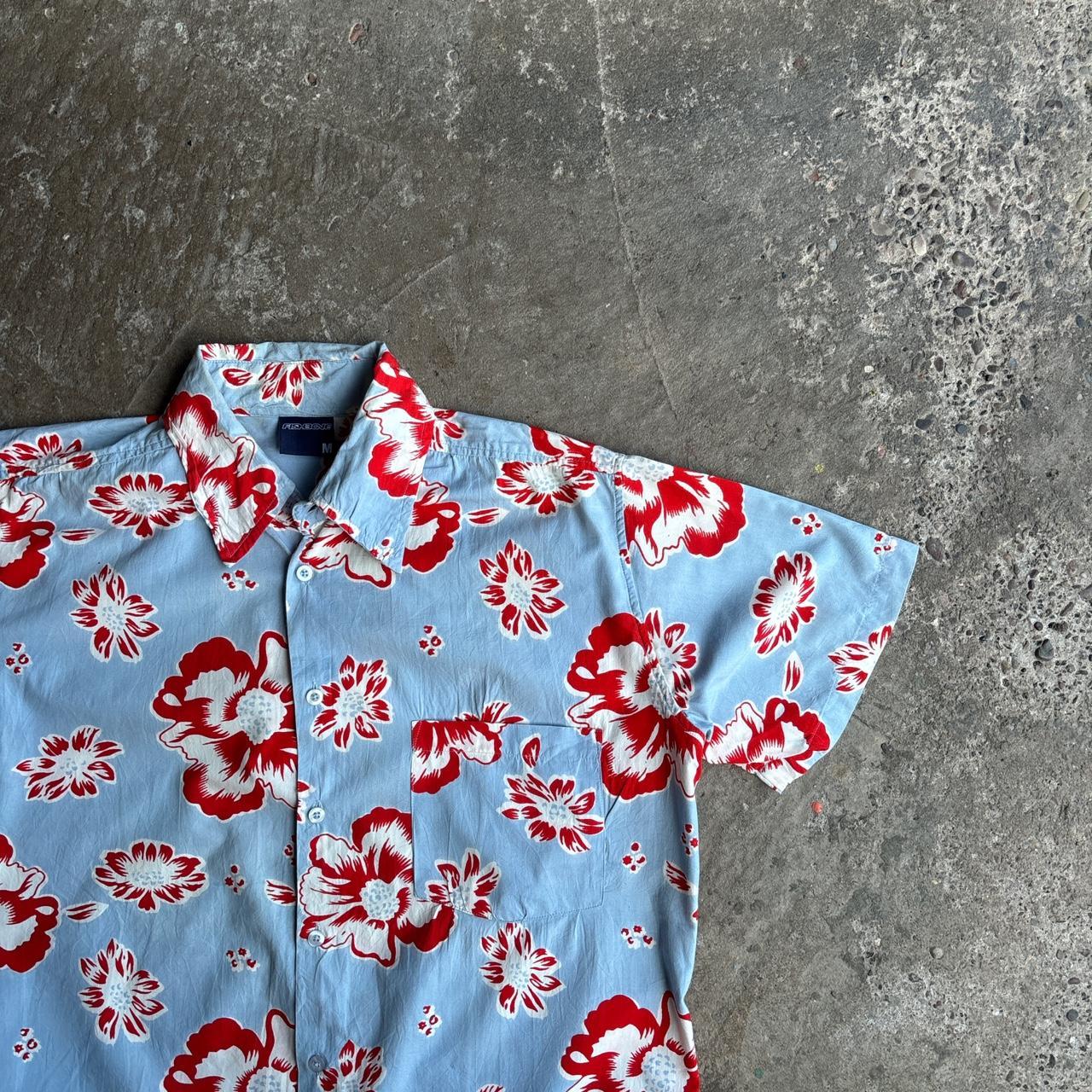 Blue & Red Flower-print Fishbone Hawaiian Style Shirt