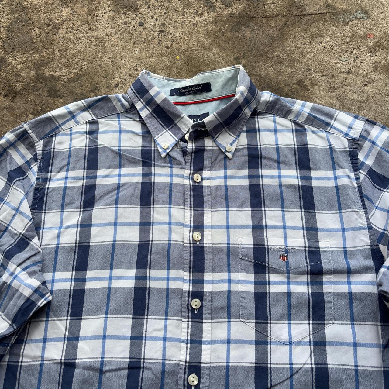 Blue and white Gant plaid button-up shirt