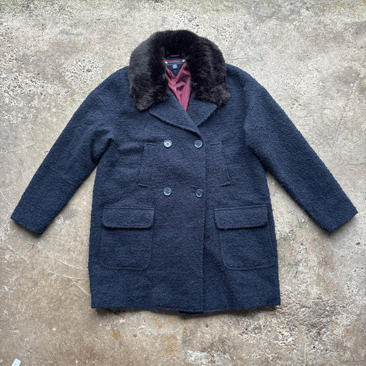 Navy Tommy Hilfiger wool blend peacoat with faux fur trim