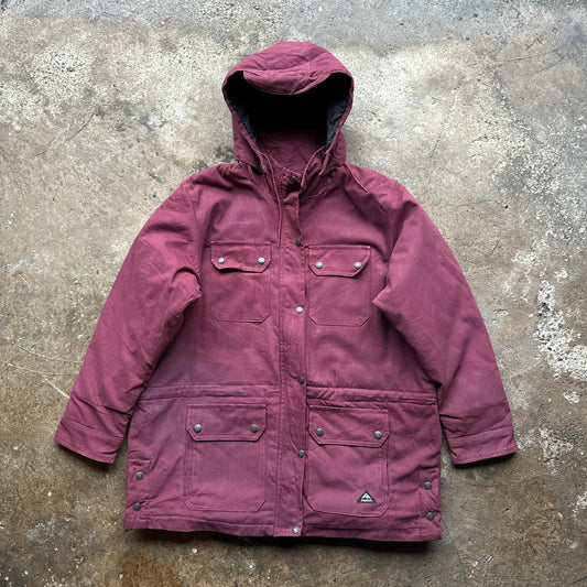 Burgundy workwear jacket with chequered lining