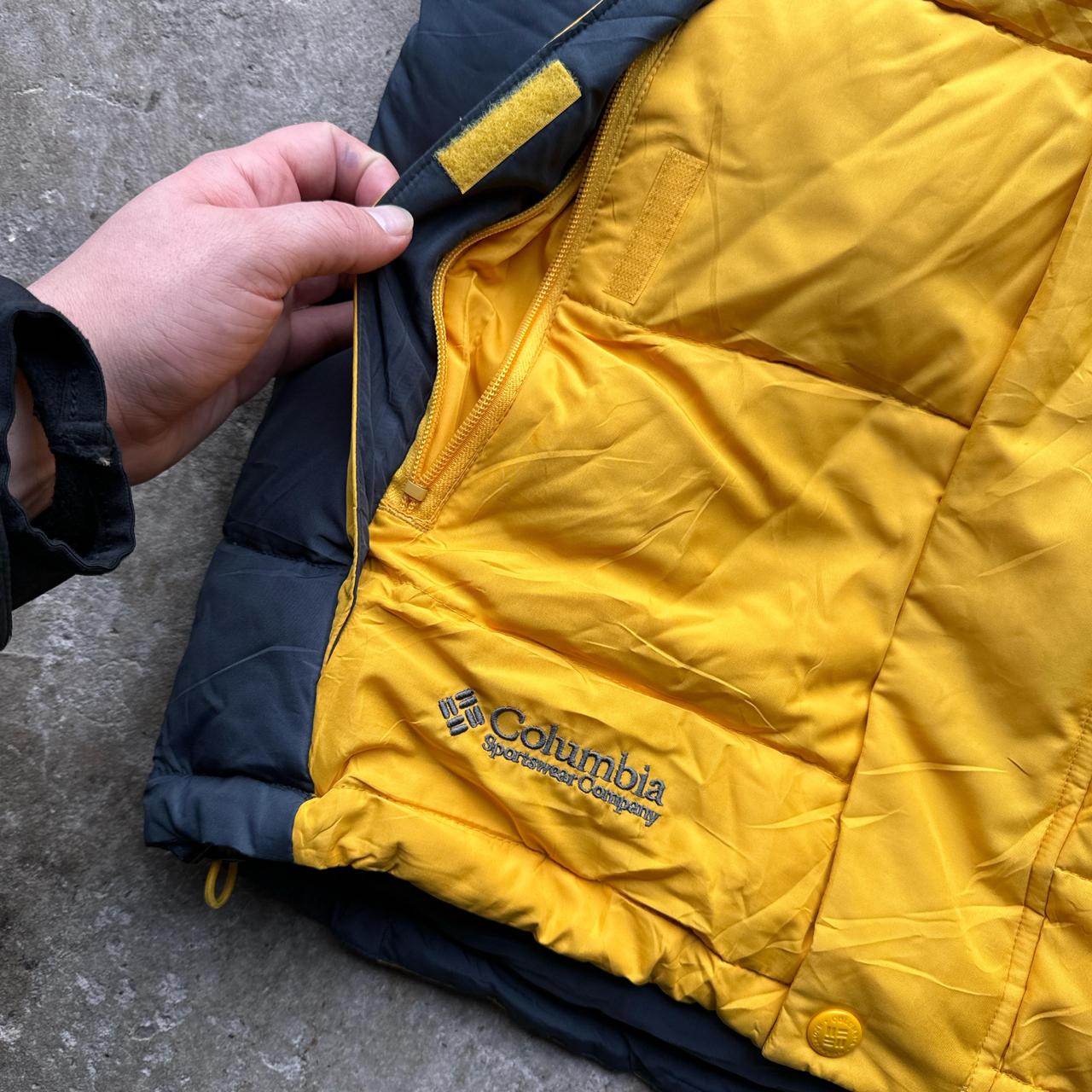 Navy and yellow Columbia puffer gilet