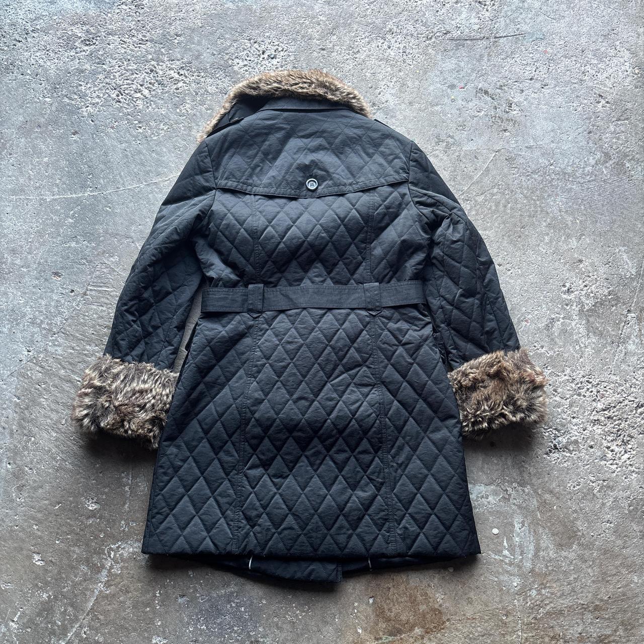 Black quilted Kesta trench coat with faux fur trim - Size 14