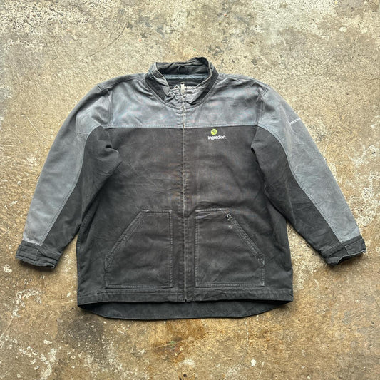 Grey and black workwear jacket with embroidered logos
