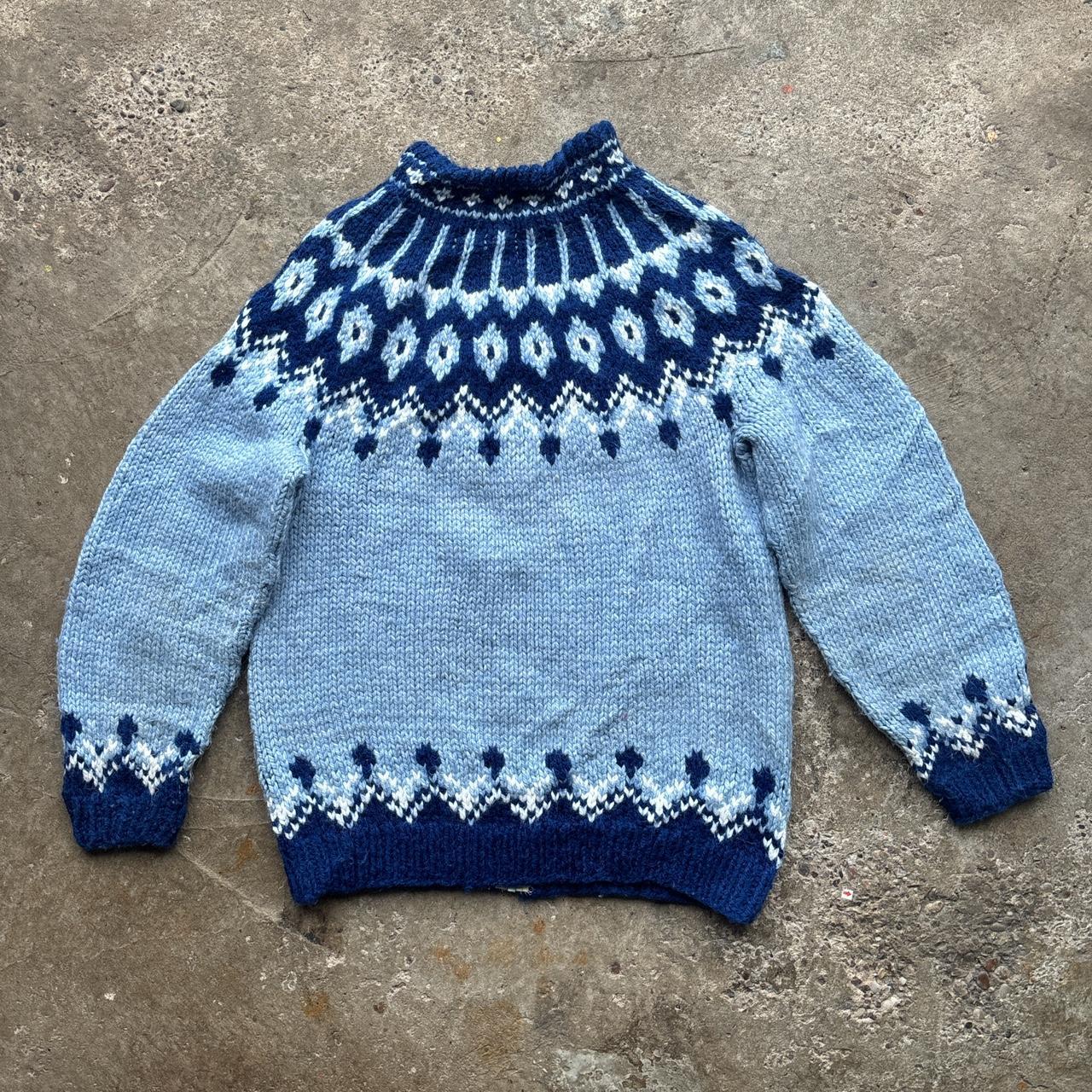 Blue and white vintage Nordic zip-up sweater
