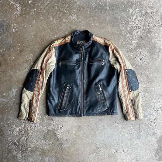 Black & Cream Faux Leather Biker Jacket - M