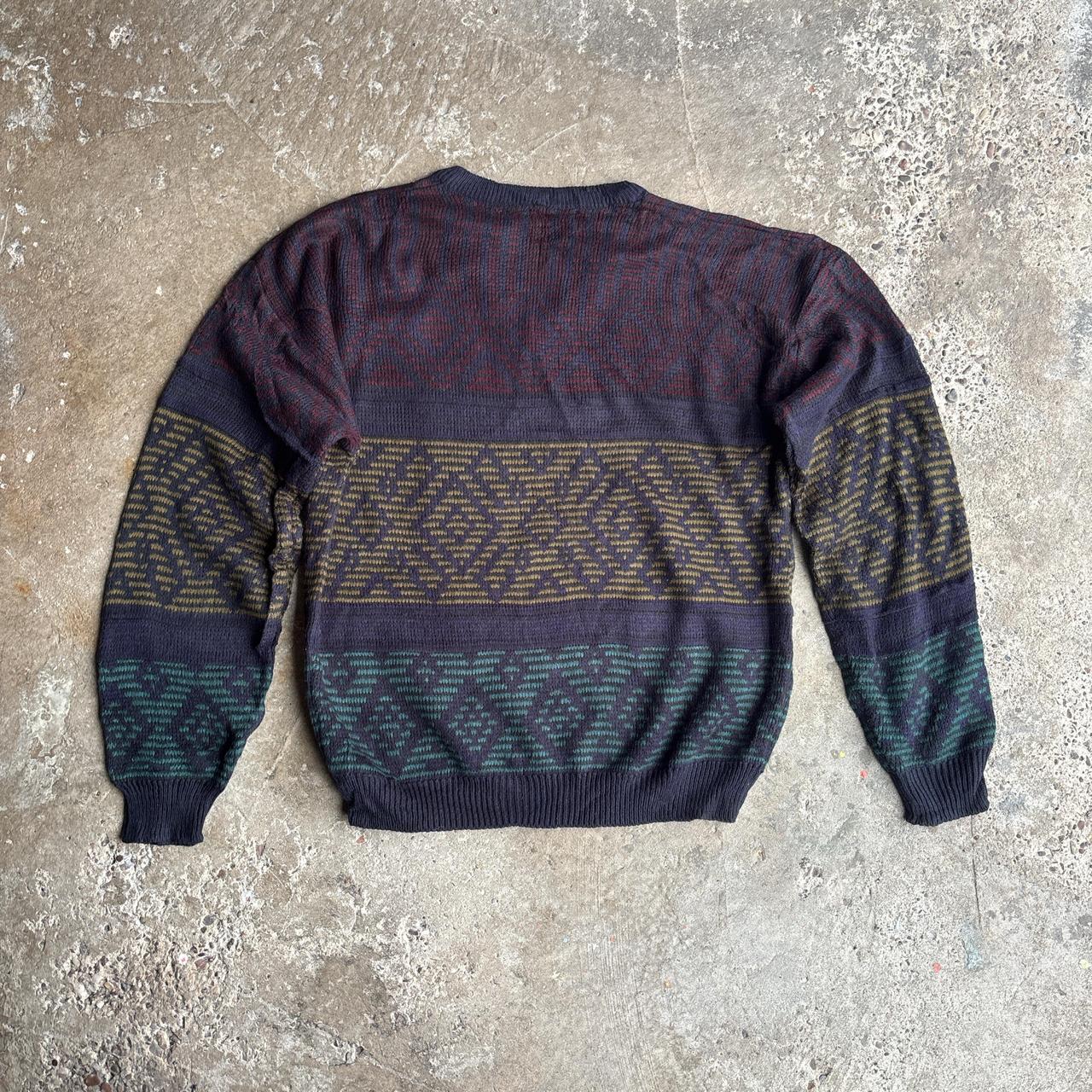Multi-coloured Patterned Knitted V-Neck Jumper - XL