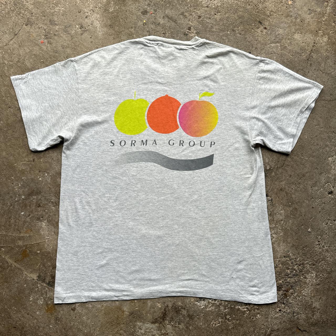 Grey graphic tee with “sorma” prints