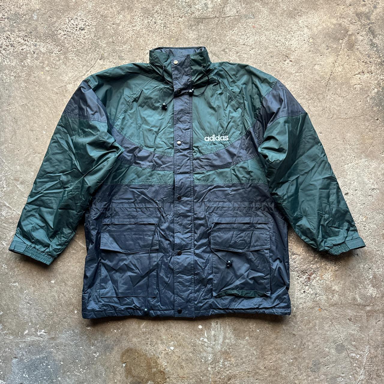 Green and navy 90s Adidas Equipment windbreaker with chequered lining