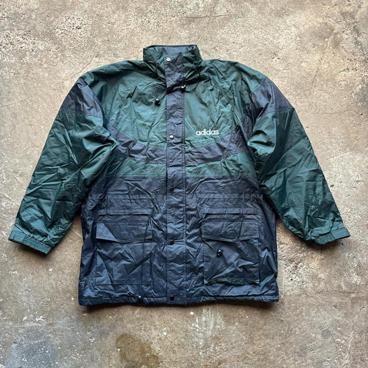 Green and navy 90s Adidas Equipment windbreaker with chequered lining