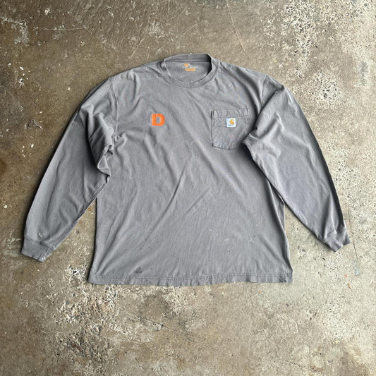 Grey Long-Sleeve Carhartt T-Shirt w/ Orange Graphics - L