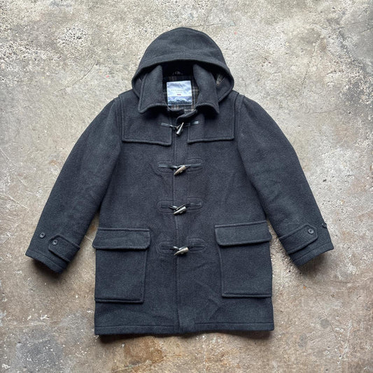 Black Montgomery wool duffle coat with chequered lining