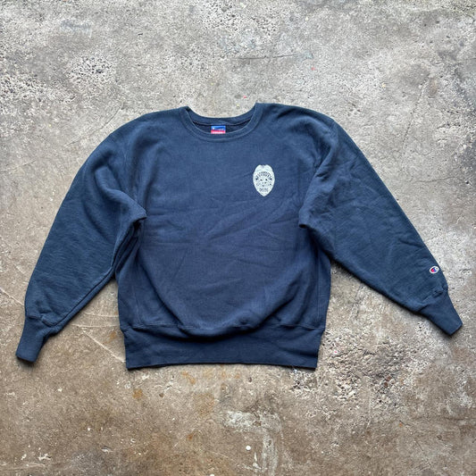 Navy Champion sweatshirt with Denver Fire Service prints