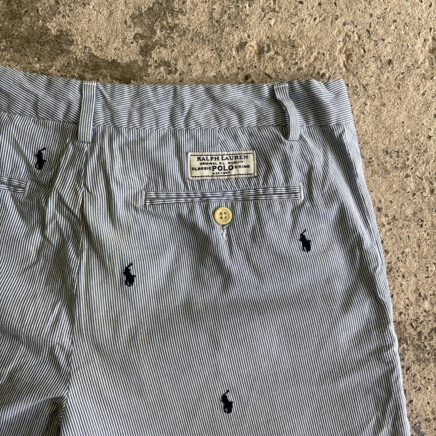 Blue & White Striped Ralph Lauren Logo Embroidered Shorts | W30"