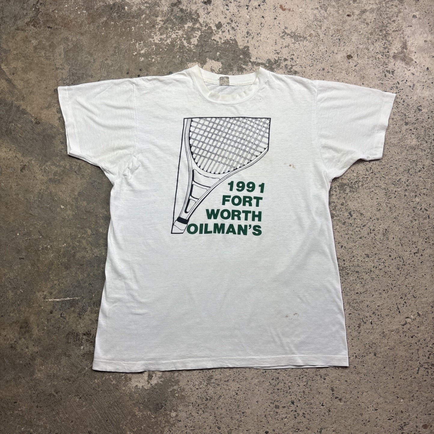 Vintage White Graphic Tennis Single Stitch T-Shirt | Size: L