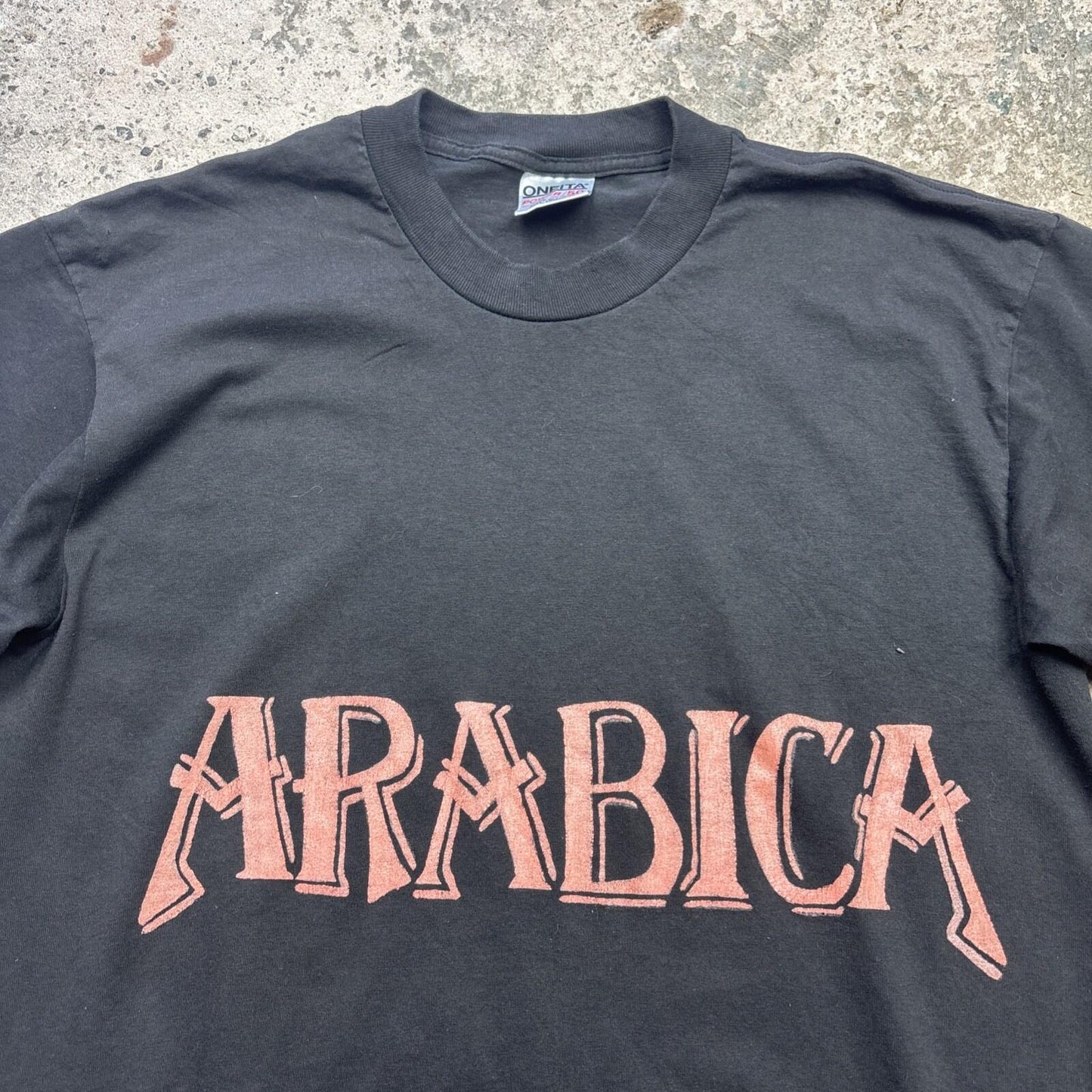 90s Made in USA Black Single Stitch Men’s T-Shirt With ‘Arabica’ Print | XL