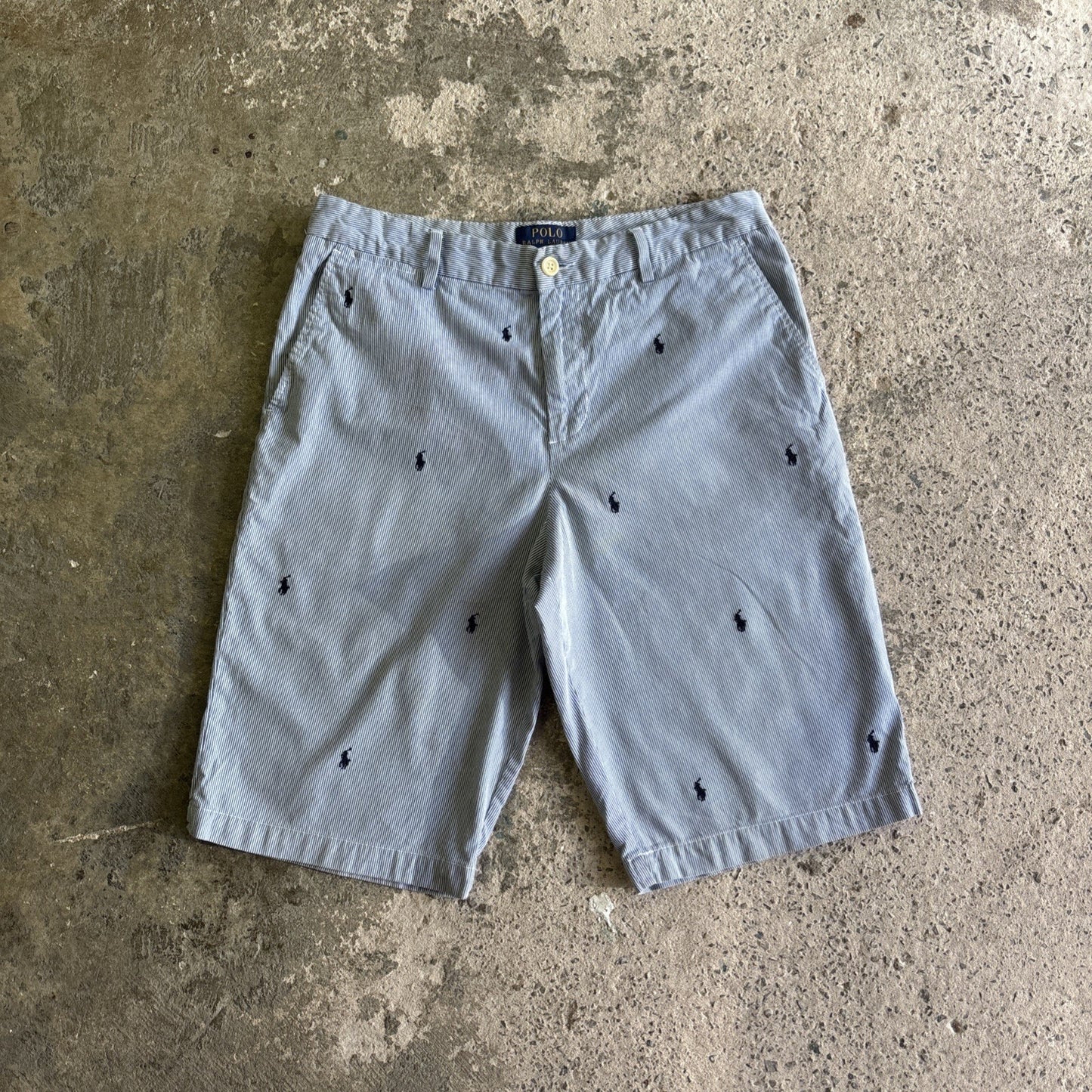 Blue & White Striped Ralph Lauren Logo Embroidered Shorts | W30"