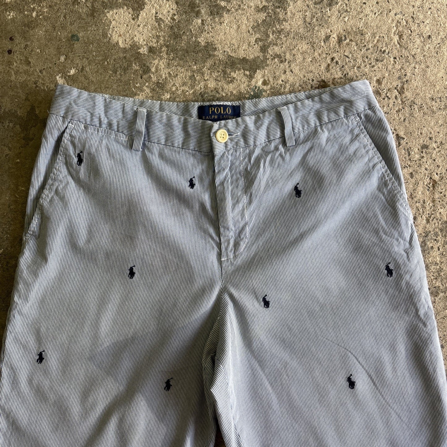 Blue & White Striped Ralph Lauren Logo Embroidered Shorts | W30"