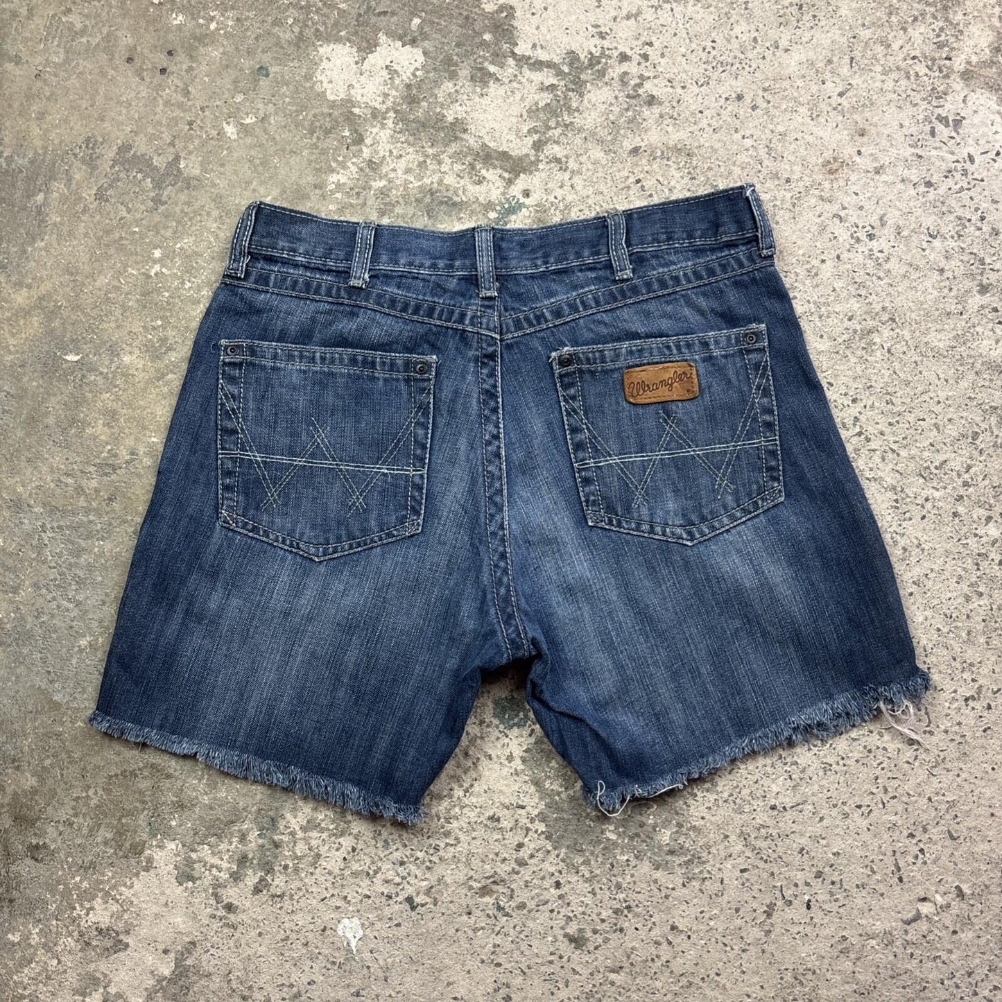 Textured Blue Denim Wrangler Cut Off Jean Shorts | W32"