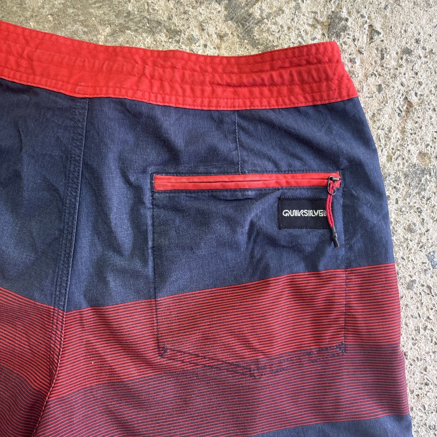 Red & Navy Quiksilver Striped Board Shorts W/ Pockets | W32"