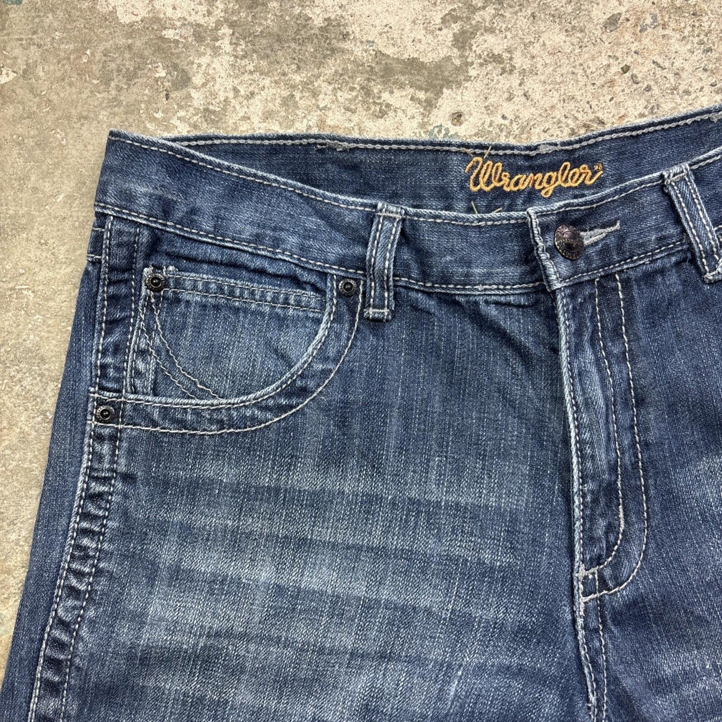 Textured Blue Denim Wrangler Cut Off Jean Shorts | W32"